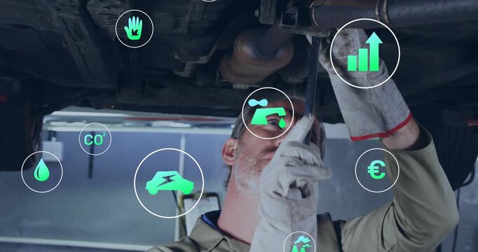 Mechanic aligning wrench under lift torquing as CO? euro chart icons shifting indicating efficiency