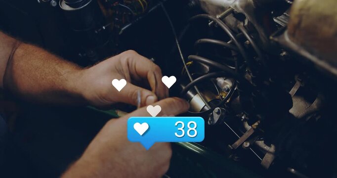 Mechanic inserting hands in engine bay and tuning cap as animated hearts and counter show progress