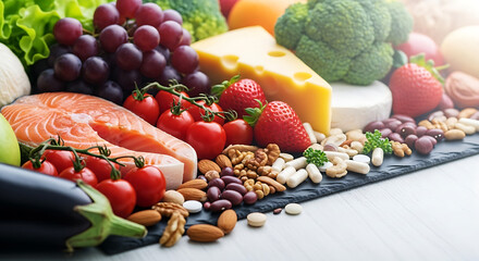 Assortment of fresh healthy food including fish, cheese, fruits, vegetables, and nuts