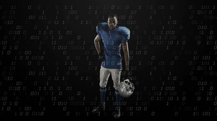 Male football player showcasing technology lifting helmet as binary code intensifying around him - Powered by Adobe