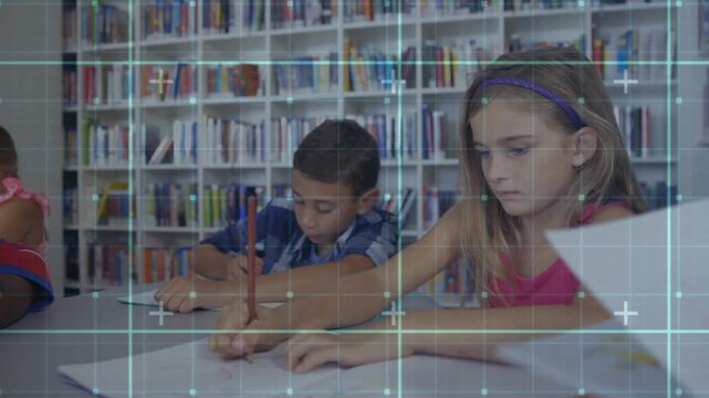 Student group starting study in library, leaning over notebooks with pencils, writing for exam prep