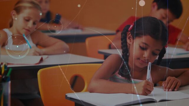 Classmates leaning over notebooks writing during classwork while tech overlays highlighting notes