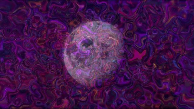 Swirling colorful patterns shifting then forming moon sphere spinning to reveal cratered surface