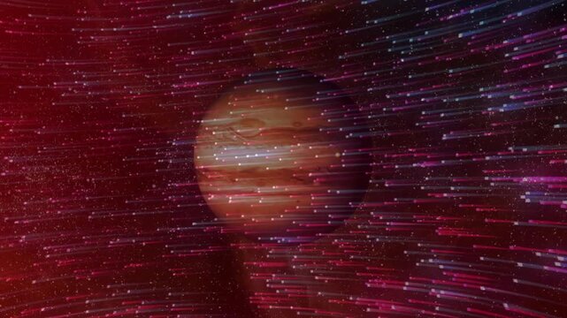 Animation starting by revealing gas giant planet moving through streaks showing cosmic travel