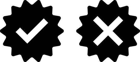 Black starburst badges with checkmark and cross symbols