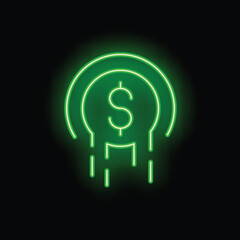 Bright green neon glowing dollar coin is rapidly losing value as it falls down on a black background