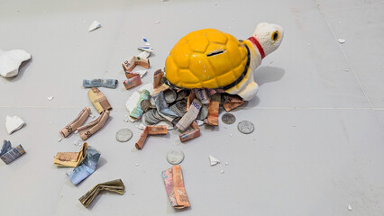 a broken turtle-shaped piggy bank, with banknotes and coins scattered around it