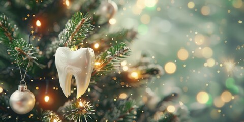 charming tooth ornament on Christmas tree branch surrounded by festive lights and silver baubles, dental Christmas decoration, banner with copy space, mockup, bokeh lights. oral care, dental health.