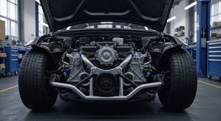 Naklejka premium Front view of a car's exposed engine in a bright workshop setting