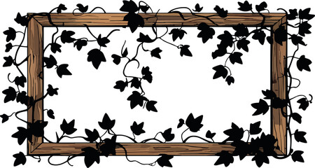 Horizontal Rustic Wood Frame with Black Ivy Silhouette Border and Climbing Leaves