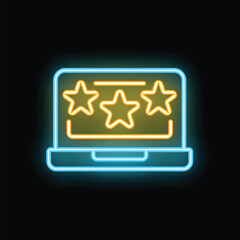 Neon sign of a modern laptop showing three stars rating on its screen on a black background