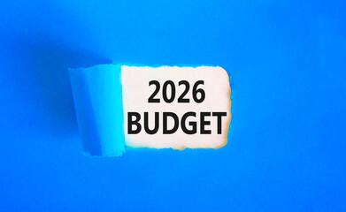 2026 Budget symbol. Concept words 2026 Budget on beautiful white paper. Beautiful blue paper background. Business and 2026 budget concept. Copy space.