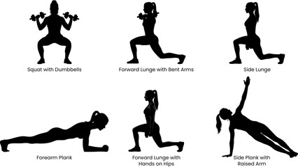 Obraz premium Fitness Silhouette Set – Squat, Lunge, Plank, and Side Plank Poses in Black Vector Style on Transparent Background for Exercise, Strength, and Workout Themes