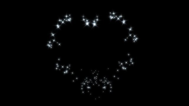 Twinkling glitter stars line love shape animation, fast line glitter motion, white cartoon blinking stars, flat vector doodle sparkle, glowing light trails, 2D shining twinkle effect on black screen.