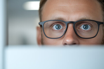 Intense gaze of a man with glasses focused intently on a screen, curiosity & determination evident in his eyes, reflecting digital era focus & concentration. #FocusedVision