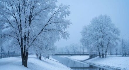 Fototapeta premium Frost-covered trees line a snowy path near a bridge and water