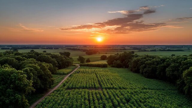Aerial drone view of lush green farmland at sunset with golden sun rays illuminating rows of crops and