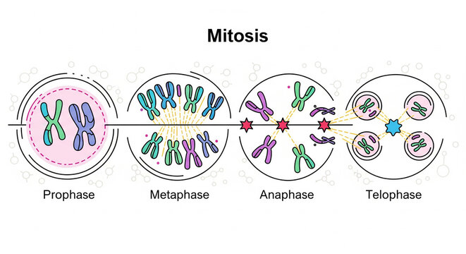 Visualizing Mitosis cell division stages Prophase Metaphase Anaphase Telophase with chromosomes