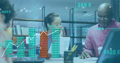 Colleagues discussing business data grid overlay appearing and initiating bar charts mapping growth - Powered by Adobe