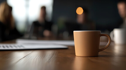 Obraz premium Coffee break during the meeting. Focus on a ceramic cup on a wooden table, in the background there are people out of focus. Warm colors, quiet atmosphere.