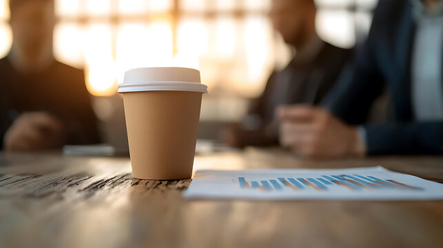 Morning meeting. A paper cup filled with coffee sits on a conference table with a chart. Businessmen are in the background, with a sunrise view in the window.