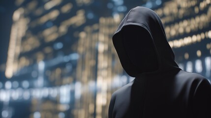 Silhouette of a hooded figure standing alone in front of massive glowing screens filled with cascading code and encrypted patterns, symbolizing anonymous identity, cyber secrecy, hidden persona,