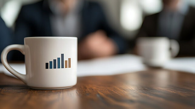 Coffee mug with graph graphic on a wood table during a meeting. The mug is white with a dark blue and brown bar graph. A wood table is in the foreground with other people blurred.