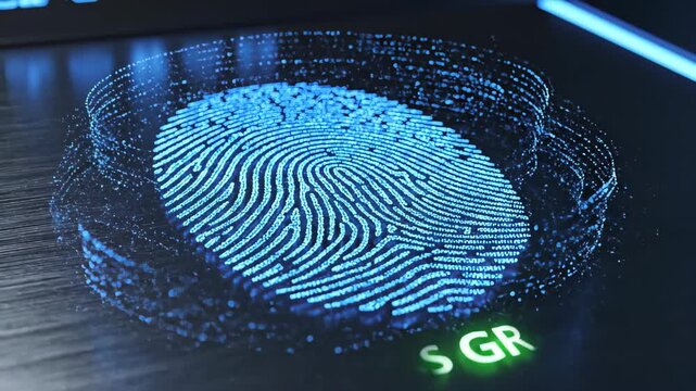 Futuristic Digital Fingerprint with Blue Light Effect on a Dark Background for Security and Technology Themes
