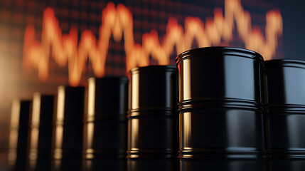 Black barrels stand in a row with blurred fluctuating graph lines in the background, indicating potential crude economic trends and industrial market movement fluctuations.
