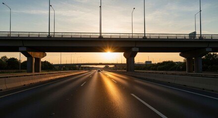 Highway perspective, sun shining under overpass, creating golden reflections