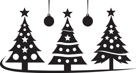 Set of Three Decorated Christmas Tree Silhouettes with Ornaments and Stars Vector