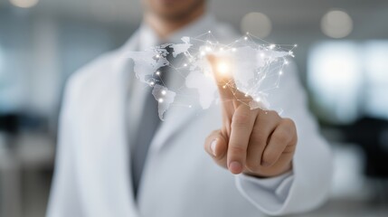 Scientist pointing at glowing holographic quantum computing diagram projected in office, symbolizing futuristic knowledge, data-driven innovation, and technological progress in analytics. cinematic