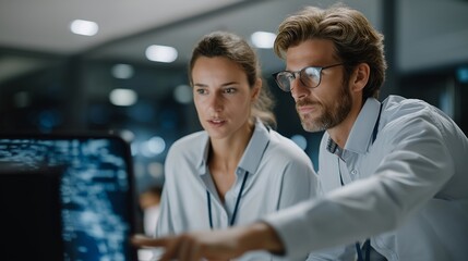 Data scientists collaborating around holographic quantum computing projection in modern workspace, symbolizing advanced algorithms, scientific precision, and next-generation data exploration.