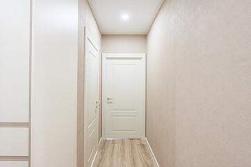 well-lit hallway features light beige textured walls, two white doors with gold handles, wood-look flooring, and a white closet