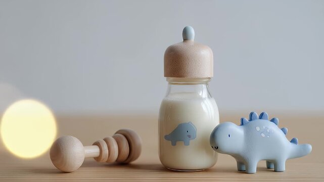 A baby's items arranged bottle, toy dinosaur, and a wooden rattle on a wood-like surface