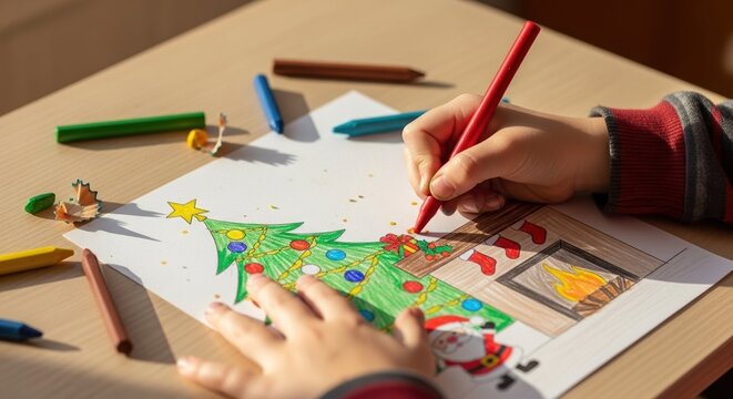 Child coloring Christmas tree with crayons and festive decorations for holiday blogs, creative content, family christmas activities and seasonal crafts
