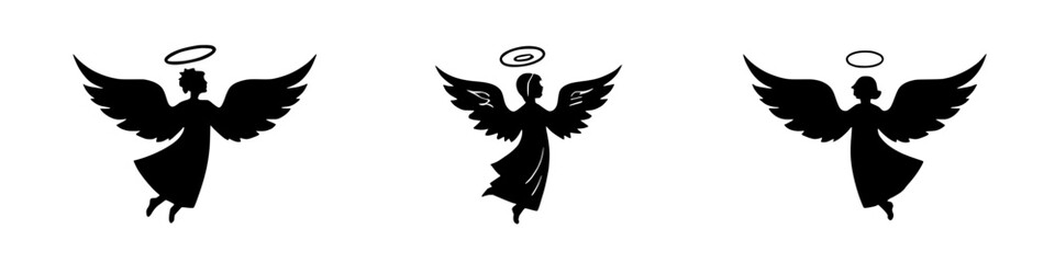 three angel silhouettes with halos on a white background