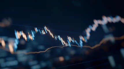 Close-up of glowing AI-driven stock trading interface displaying live price movements, trend lines, and predictive analytics, symbolizing algorithmic trading, fintech innovation, and data-driven