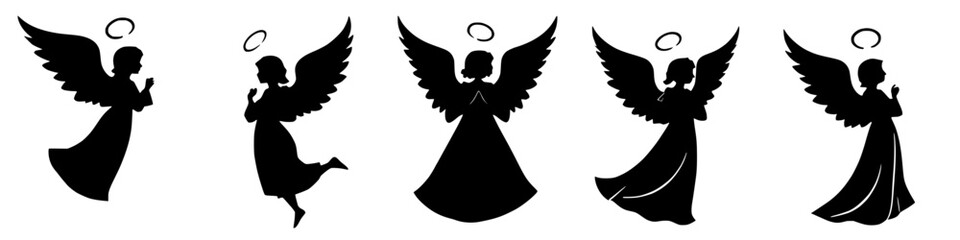 a collection of five angel silhouette illustrations with halos