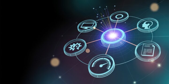 Innovation Circuit: A dynamic network of technological icons converges at a central glowing hub, showcasing interconnected systems and digital transformation.
