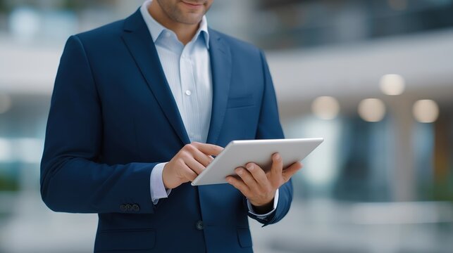 Insurance representative holding digital tablet while showing policy features to entrepreneur, symbolizing modern client engagement, risk protection, and digital transformation in finance.