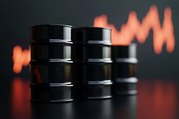 Three black barrels stacked, symbolizing the oil industry. Behind them, a blurred red line chart signifies market trends, hinting at the financial aspects and volatility of energy markets.
