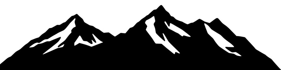 dramatic mountain range silhouette with snow peaks against a white background