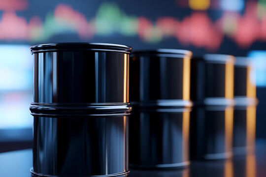 Three dark barrels are arranged against a blurred graph backdrop, symbolizing the commodities market and economic trends in a modern and stylized composition.