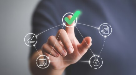Seamless Approval: A hand interacts with an array of icons, highlighting a green checkmark, symbolizing an effortless approval process, smooth workflow and effective management of tasks.