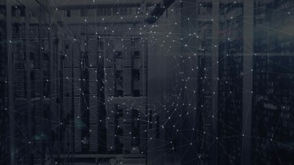 Fading network overlay pulsing through server aisle while camera tracking to visualize data flow - Powered by Adobe