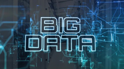 Blue overlays initiating wireframes forming BIG DATA shimmering in corridor visualizing data flow - Powered by Adobe