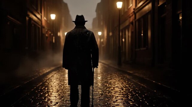 man silhouette on street at night. coat and hat worn. cane held by side. lamp glow reflects on wet cobblestone and puddle. fog drifts along narrow building line. distant lamp row recedes into haze.