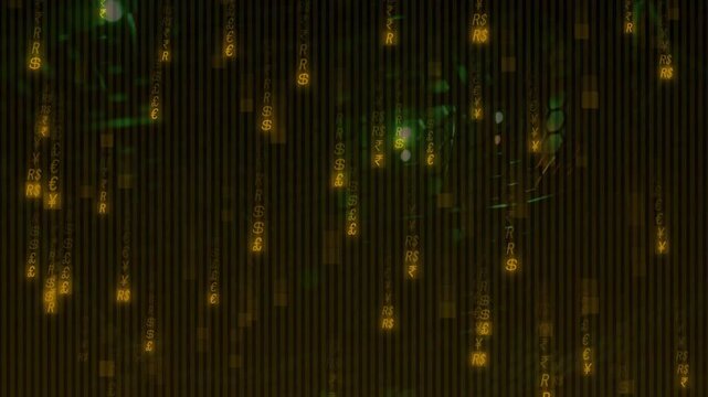 Circuitry patterns pulsing triggers golden currency symbols falling to illustrate real-time finance
