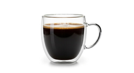 Aromatic cup of black coffee in a glass mug isolated on white background
